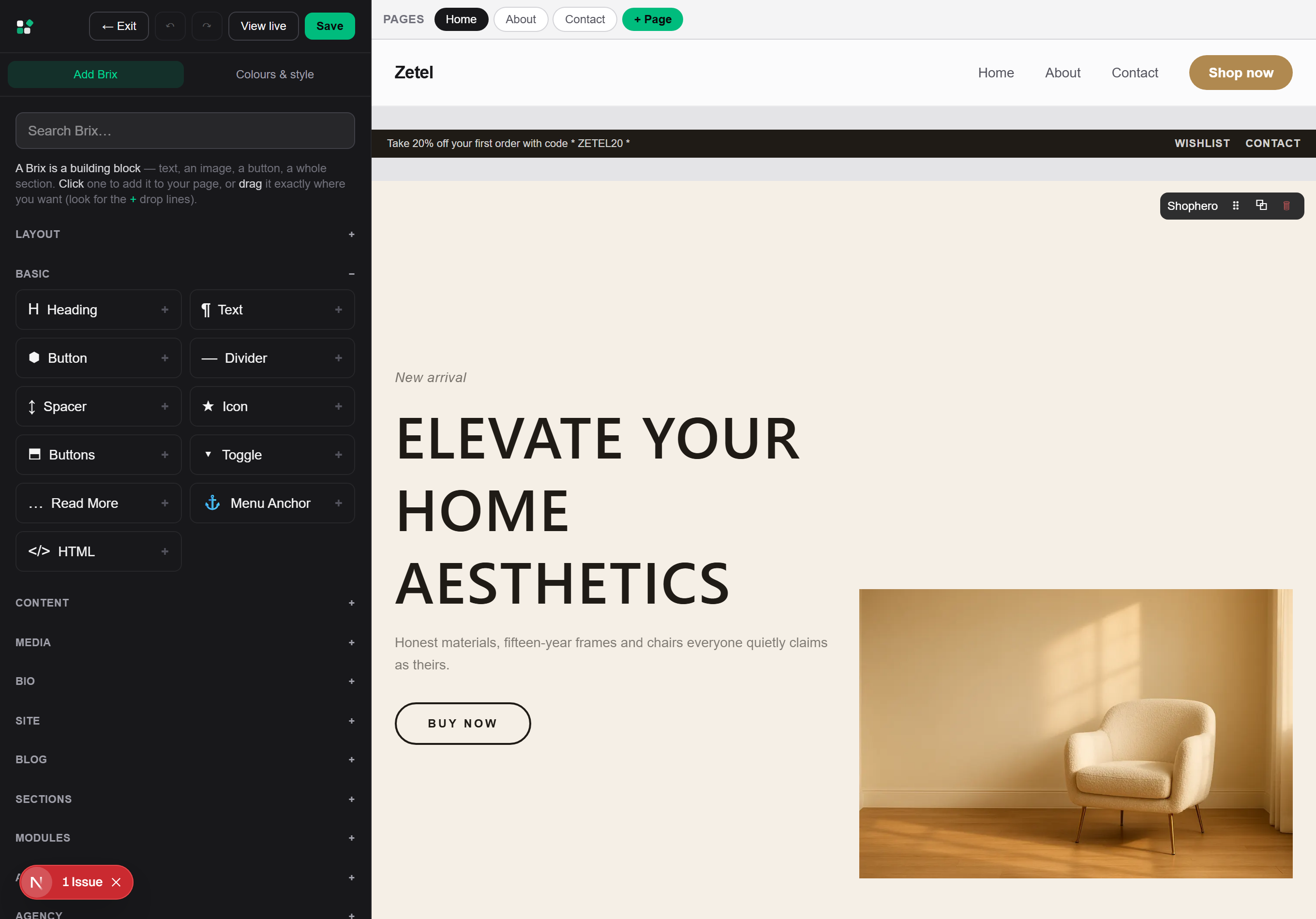 The BrixCanvas visual editor with the Brix palette and live site canvas